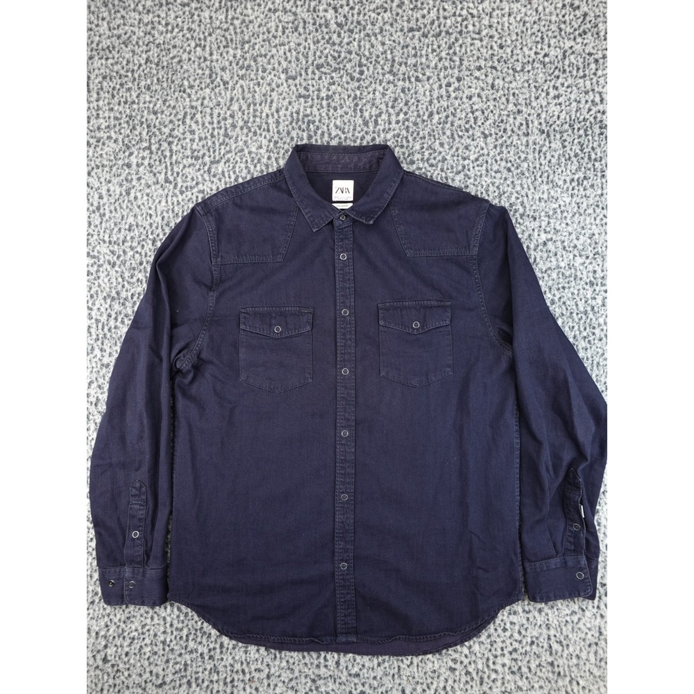 Zara Button Down Shirt Mens XL Navy Blue Relaxed Fit Western Pockets 12072